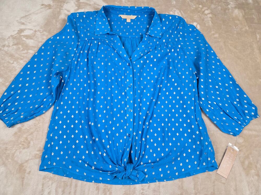 Hope & Harlow Blue Silver Foil Metallic Polka Dot Blouse XL Tie Front